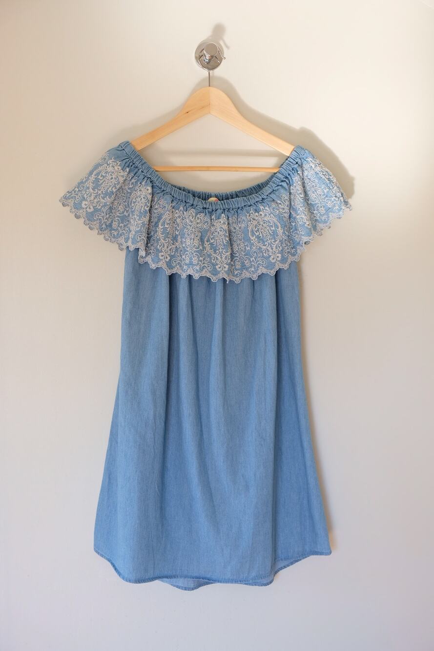 Wishful Park Boho Cottagecore Festival Off Shoulder Embroidered Denim Dress L
